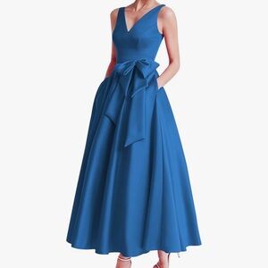 Miss Veil Teal Satin Tea Length Dress Sleeveless A Line Bow Accent Waist
